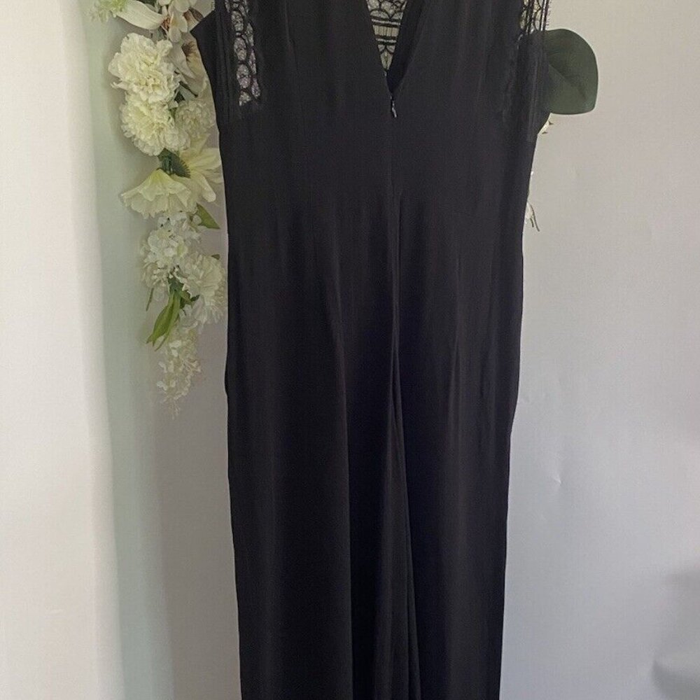 Sandro Palazzo Plunge V-Neck Lace Trim Wide Leg Jumpsuit in Black Med $495 NWOT - Picture 10 of 16